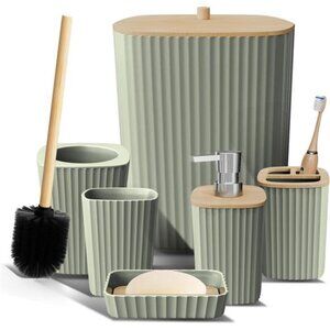 Sage Green Bathroom Set 6PC Accessories Toilet Brush Trash Can Soap Dispenser